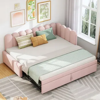 Pohovka Rozkládací pohovka 2v1 L velur Růžová 90/180x200cm, dětská/pro hosty, prostorově úsporná