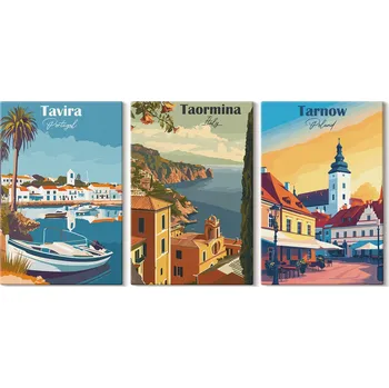 Obraz Kolekce obrazů na plátně s visícími výhledy na přímořská města 3x 20x30 cm