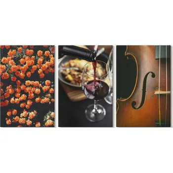 Obraz Sada obrazů do kanceláře, vintage styl, květiny, víno, housle, 3x 20x30 cm