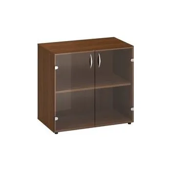 Komoda Nízká široká skříň Alfa 500, 73,5 x 80 x 45,8 cm, se skleněnými dvířky, dezén ořech