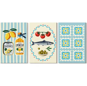 Obraz Sada obrazů - kuchyňské ilustrace ve středomořském stylu, 3x 20x30 cm