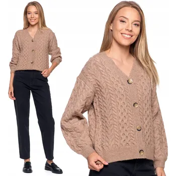 Dámský svetr DÁMSKÝ SVETR KARDIGAN KRÁTKÝ VOLNÝ ELEGANTNÍ PRO KAŽDÝ DEN MORAJ MOCCA XXL