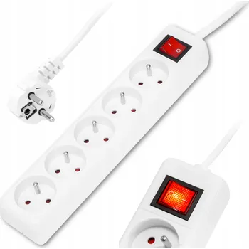 Napájecí kabel PRODLUŽOVACÍ KABEL ZÁSUVKOVÁ LIŠTA VYPÍNAČ 5 m 5 ZÁSUVEK BÍLÝ S UZEMNĚNÍM