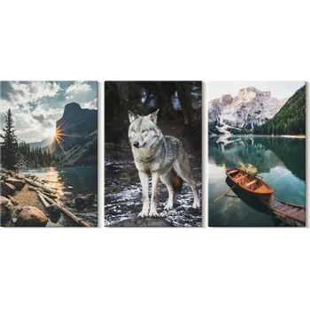 Obraz Kolekce Obrazů na Plátně Závěsné Hory Jezero Vlk Příroda 3x 20x30 cm