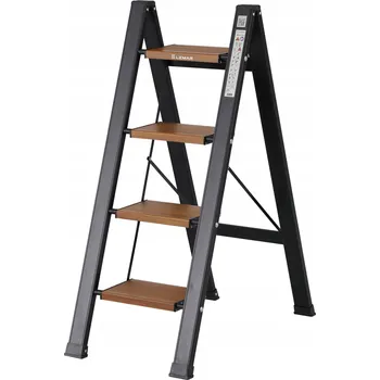 Žebřík Skládací hliníkový Žebřík pro domácí použití, 4 stupně, dřevo LEMAR , Slim Space-X