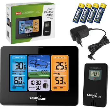 Meteostanice Meteorologická stanice GreenBlue WiFi, kompatibilní s TUYA, venkovní senzor, kalendář, předpověď počasí, barometr, napájecí adaptér, baterie, GB215