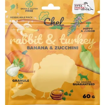 Krmivo pro psa SYTA MICHA Suché Krmivo CHEF Králík, krůta s banánem a cuketou JUNIOR 60 g