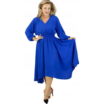 Dámské šaty Šaty midi ADELE – výstřih do V, elastický pas, dlouhý rukáv 46/48