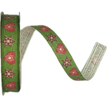 Stuha Stuha vánoční lněná HEARTS & STARS GREEN zelená 15mm x 3m (9,-Kč/m) (Vánoční stuha lněná, zelená, jednostranná potisk, bez vlasce a drátku)
