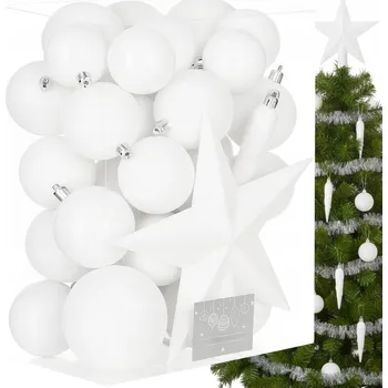 Vánoční dekorace VÁNOČNÍ BAŇKY VÁNOČNÍ OZDOBY NA STROMEČEK SADA XXL BÍLÉ 33 KS 8/6/5 CM + HVĚZDA