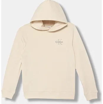 Chlapecká mikina Dětská bavlněná mikina Calvin Klein Jeans béžová barva, s kapucí, s potiskem, IU0IU00712 IU0IU00712.128.176.PPY2 12X, vel. 140