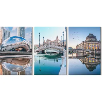 Obraz Sada obrazů na plátně, architektura měst odrážející se ve vodě, 3 kusy, 20x30 cm