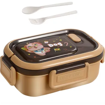 Svačinový box Lunchbox s priehradkami a príborom - Hnedá/Psík