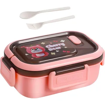 Svačinový box Lunchbox s přihrádkami a příborem Růžová/Medvídek