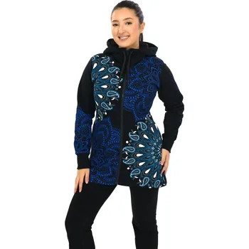 Dámská mikina Himalife Hřejivá mikina na zip s kapucí Lila - černá s tyrkysovou a modrou Velikost: M