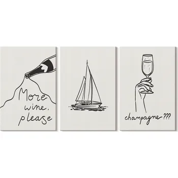 Obraz Sada dekorací na zeď Víno Plachetnice Sklenice Line-Art 3x 20x30 cm