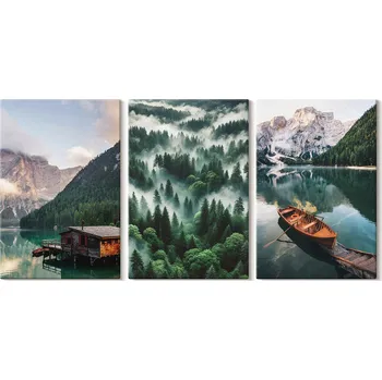 Obraz Sada obrazů na plátně Set Horská jezera Loďka Les Mlha 3x 20x30 cm