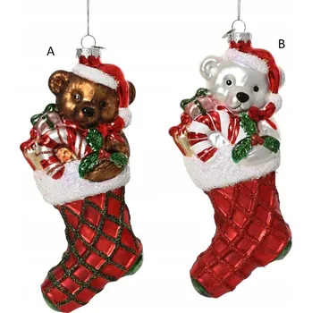 Vánoční ozdoba Hnědá skleněná ozdoba na stromeček - Medvídek v ponožce Vánoční Koule Tvarovaná, 18 cm