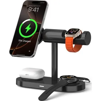 OEM Qi2.2 MagSafe Nabíjecí stanice 5v1 s aktivním chlazením, 25 W a 360° rotací pro iPhone, Apple Watch, AirPods, Android, černá