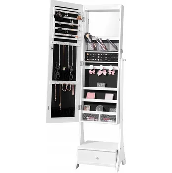 Koupelnový nábytek Skříňka na šperky se zrcadlem LED, stojící, uzamykatelná, bílá, šuplík