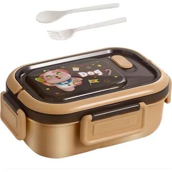 Svačinový box Lunchbox s přihrádkami a příborem Hnědá/Pes