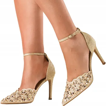 Dámské lodičky Lodičky Zlaté Brokátové s Krytou Patou Elegantní Dámská Obuv vel. 41