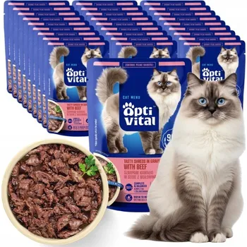 Krmivo pro kočku MOKRÉ KRMIVO PRO KOČKY OPTIVITAL TRHANÉ KOUSKY S HOVĚZÍM MASEM V OMÁČCE 28X85 G