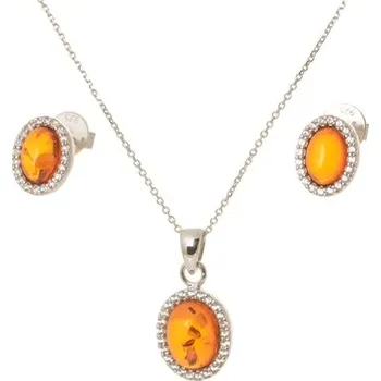 Souprava šperků Stříbrná souprava přívěšku, naušnic a řetízku s jantary STRS0434F + dárek zdarma