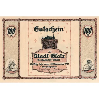 Bankovka - Nouzové peníze 100 Feniků, Glatz s texty, Rok 1921, Krásný stav ! (Nouzové peníze 100 Feniků, 1921)