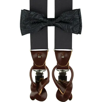 Kšandy Tmavě šedý pánský set s paisley vzorem – kšandy, motýlek a kapesníček