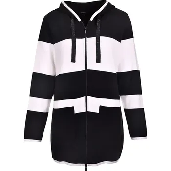 Dámský svetr Dlouhý pruhovaný svetřík s kapucí na zip Kenny S 565684 černobílá velikost 38