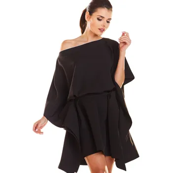 Dámské šaty Volné mini šaty s lodičkovým výstřihem M196 Barva: Černá, Velikost: ONE SIZE