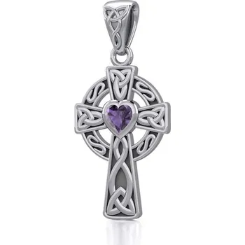Přívěsek Keltský kříž s ametystovým srdcem - stříbrný přívěsek
