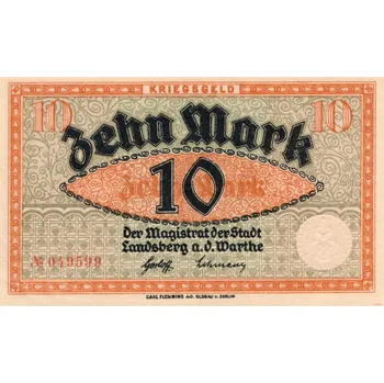 Bankovka - Nouzové peníze 10 Marek, N049599, Krásný stav ! (Landsberg an der Warthe 10 marek)