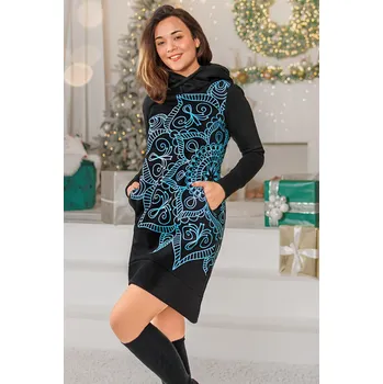 Dámská mikina Himalife Šatomikina s maxi kapucí Ayra - černá s tyrkysovou Velikost: 4XL - Móda pro plnoštíhlé, Oblečení nadměrné velikosti