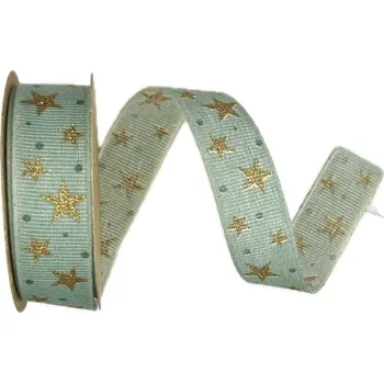 Stuha Vánoční bavlněná stuha STAR LIGHT MINT mentolová 25mm x 3m (13,-Kč/m) (Vánoční stuha mentolová, bavlněná, jednostranný potisk, zesílené okraje)