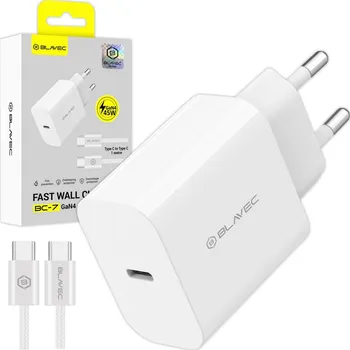 Blavec síťová nabíječka BC-7 GaN4 Type C PD QC 45W 3A s kabelem Type C na Type C bílá