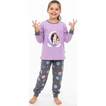 Dívčí oblečení KUGO DÍVČÍ BAVLNĚNÉ PYŽAMO S DLOUHÝM RUKÁVEM - s pejskem a holčičkou MP5899 Fialková 128