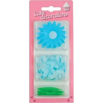 Jedlá dekorace na dort Dekorace z jedlého papíru Kopretiny a květiny mini modré s lístky (34 ks) ♡