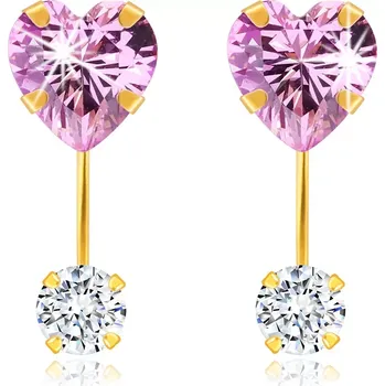 Náušnice Zlaté 585 náušnice - světle růžové zirkonové srdíčko a kulatý čirý zirkon