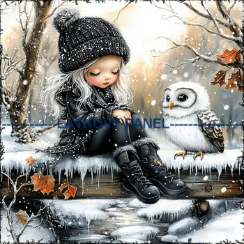 Látkový panel - Holčička se sovičkou - DZ-137 Velikost: 15x15cm, Materiál: Teplákovina nepočesaná