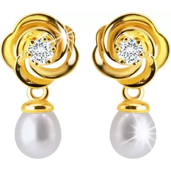 Náušnice Puzetové náušnice ve 14K žlutém zlatě - květ s propletenými okvětními lístky, čirý zirkon, bílá perla