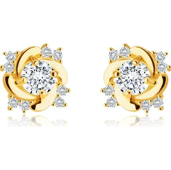 Náušnice Puzetové 14K náušnice - třpytivý kulatý čirý zirkon, zatočená ramena