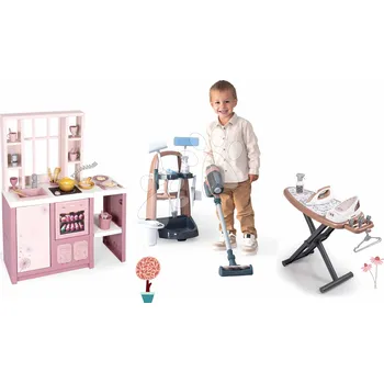 Dětská kuchyňka Set úklidový vozík a elektronická kuchyňka Rowenta Trolley Upright Hoover Smoby s tyčovým vysavačem se zvukem a žehlící prkno