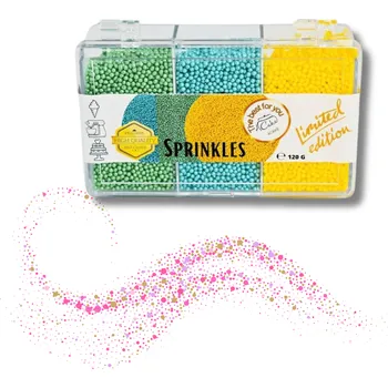 Jedlá dekorace na dort Cukrový máček tyrkysový perleťový, zelený perleťový a žlutý (120 g) ♡