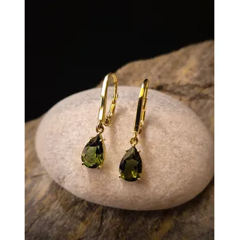Náušnice Vltavín Moldavite Zlaté visací náušnice s vltavínem ve tvaru kapek P20 0158