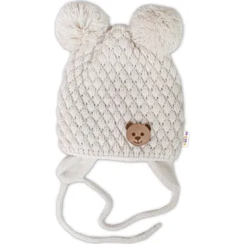 Pokrývka hlavy Zimní pletená čepice Teddy Bear na zavazování, ecru, béžová, Baby Nellys Velikost: 68-80 (6-12m)