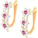 Zlaté náušnice 585 - tři zářivé kvítky ze zirkonů a syntetických rubínů