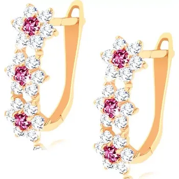 Náušnice Zlaté náušnice 585 - tři zářivé kvítky ze zirkonů a syntetických rubínů