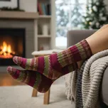 Vlněné, teplé zimní dámské ponožky IVKA 615/4 růžovo-zelený proužek, vysoké, vel. 40-41